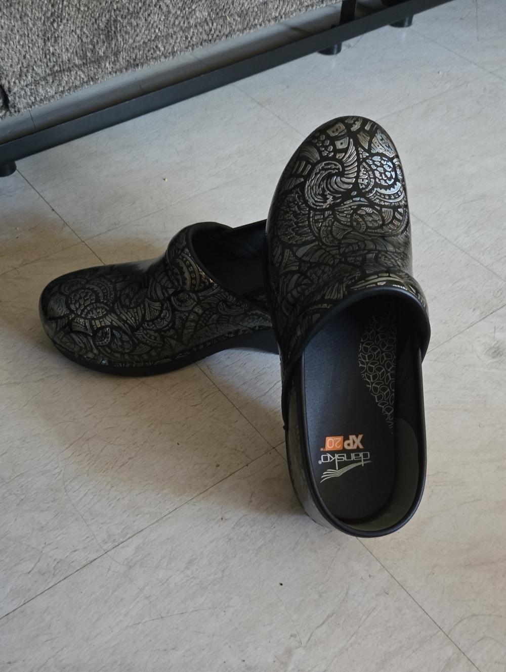 Dansko Black Metallic Floral Slip-On Clogs
